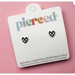 Pierced Checkered Heart Earrings Screw Back New Kids